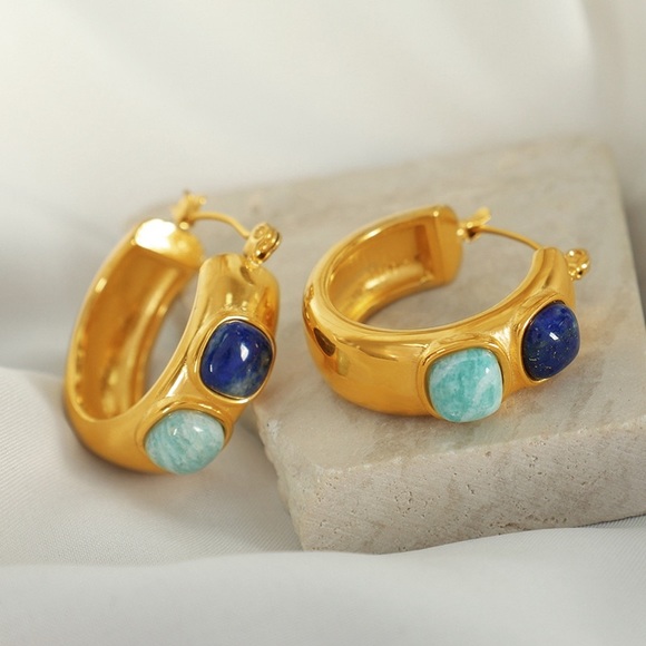 Gold Turquoise Hoop Earrings*Gem Hoops*Waterproof Jewelry*cottage core - Picture 2 of 4